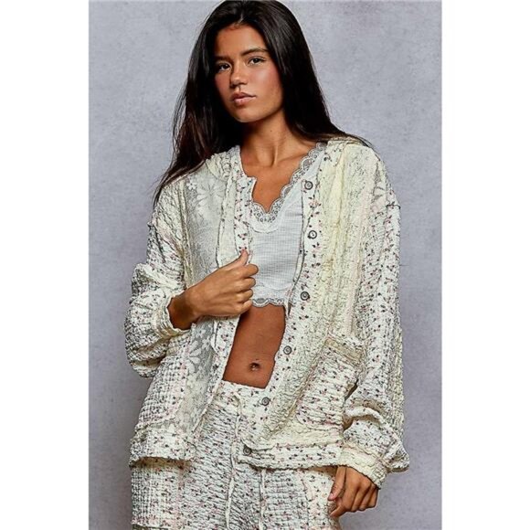 POL Floral Balloon Sleeve Hooded Lace Jacket with Stitch Detail - Picture 3 of 7